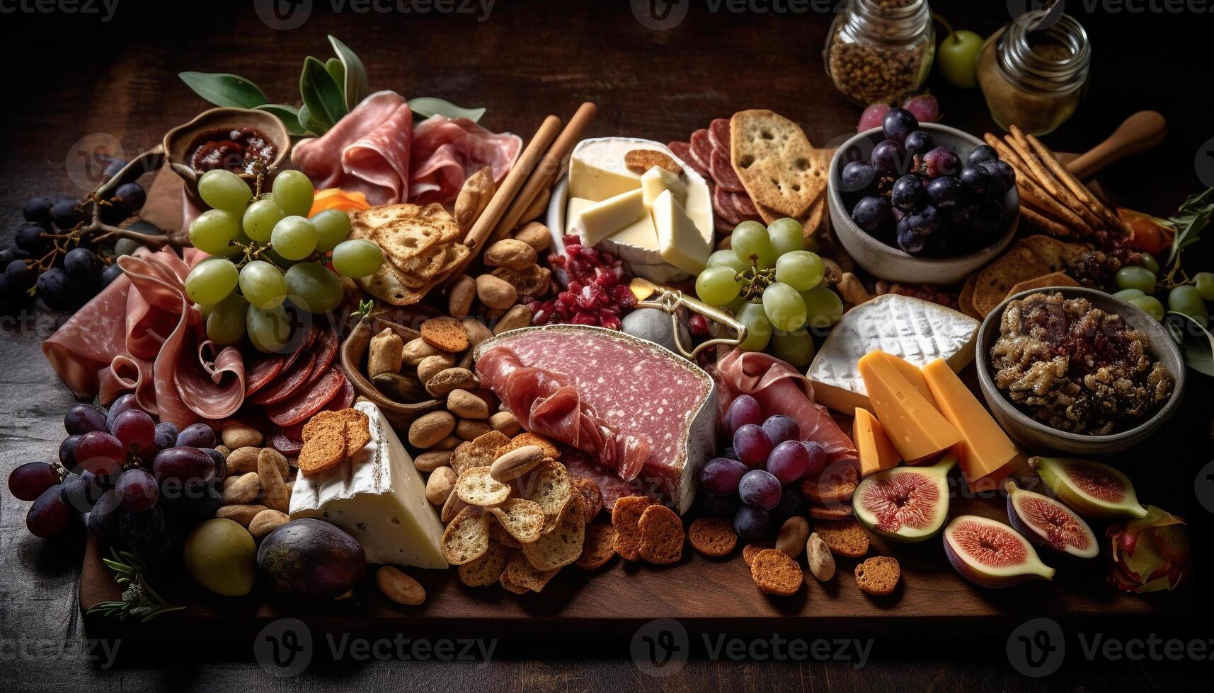 rustique table avec gourmet Viande et fromage généré par ai photo