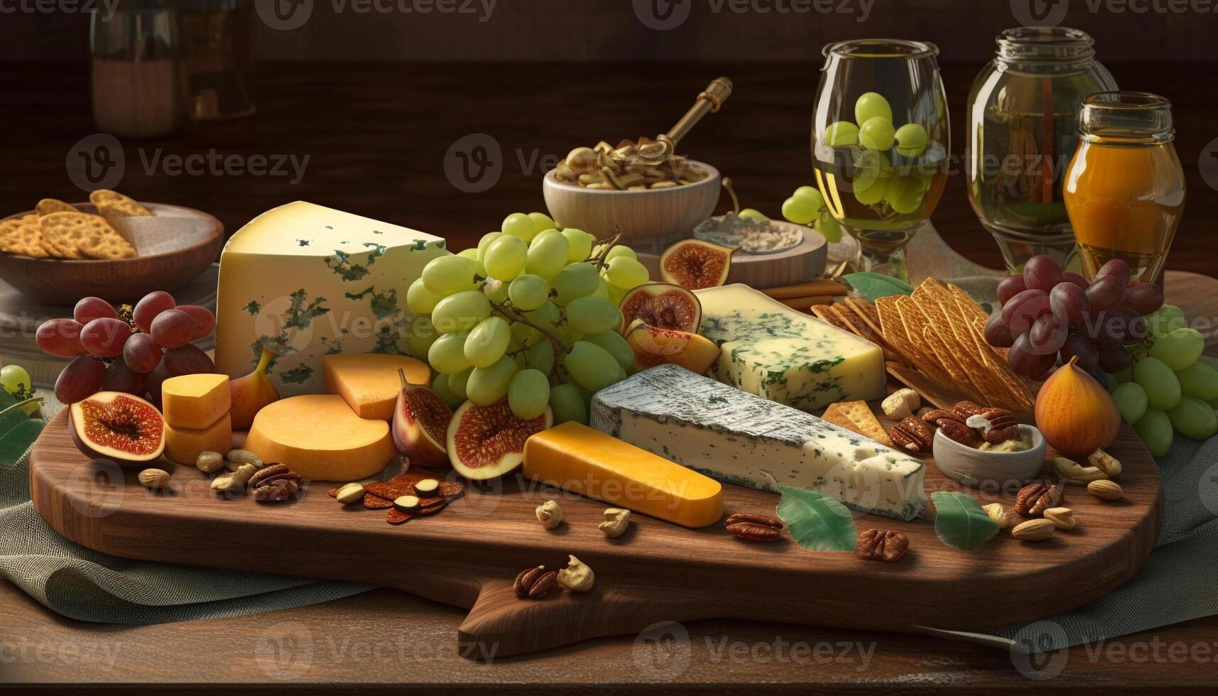 rustique fromage planche avec une variété de gourmandises généré par ai photo