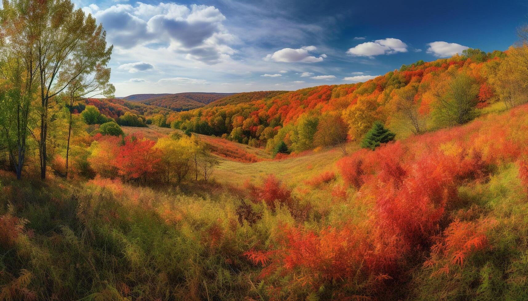 vibrant l'automne paysage forêt, prairie, et Montagne généré par ai photo