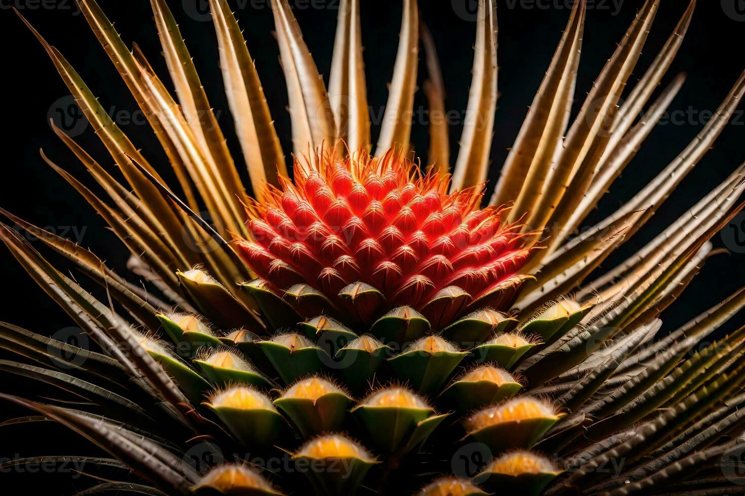 Regardez étroitement à une sagou paume fruit avec une foncé Contexte dans une studio ai généré photo