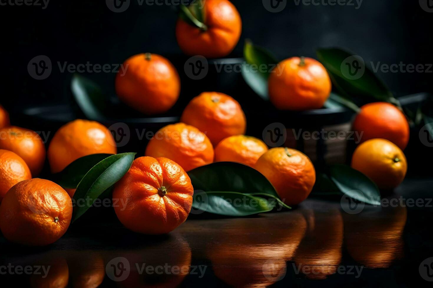 Regardez étroitement à mandarines dans une studio, avec une foncé Contexte ai généré photo