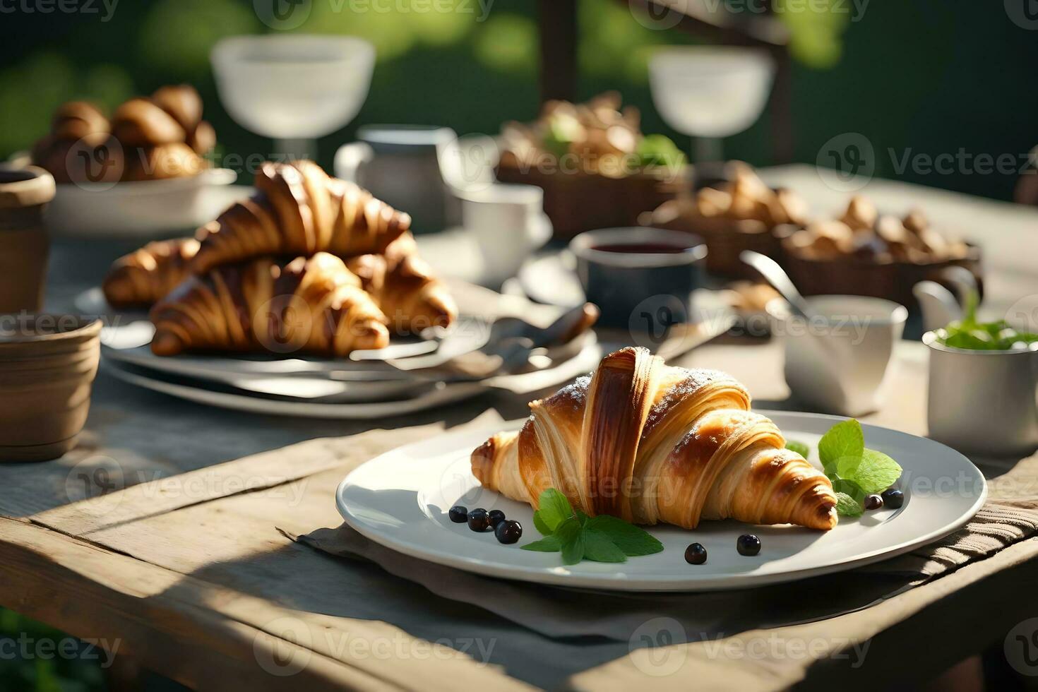 là est une assiette avec délicieux français des croissants sur une agréable table à l'extérieur de une bistro ai généré photo