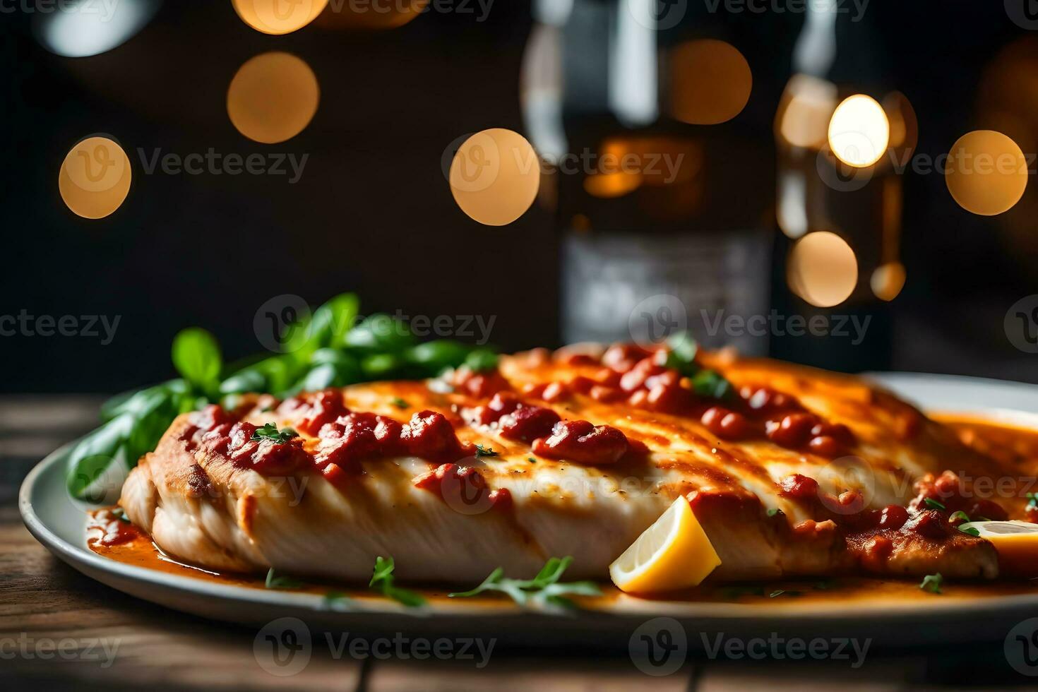 cette texte est à propos une image de une populaire repas connu comme poulet Parmesan cette image est une proche en haut de une assiette le Contexte derrière il est flou, mais il regards vraiment bien ai généré photo