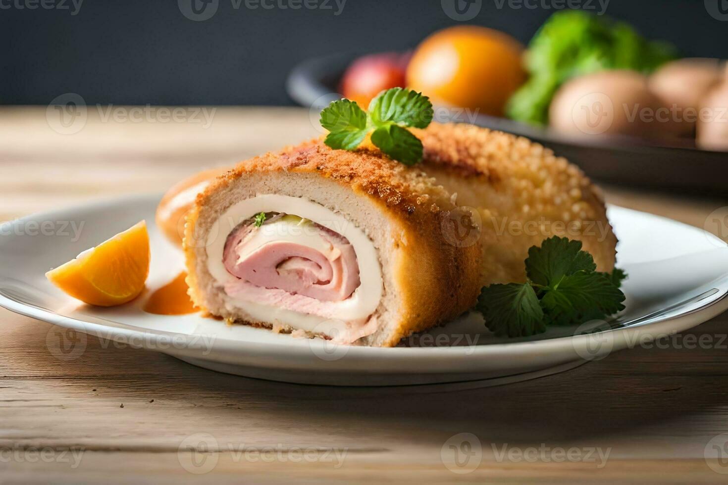 le caméra est zoomé dans sur poulet cordon bleue, avec une brillant lumière dans le Contexte de le studio ai généré photo