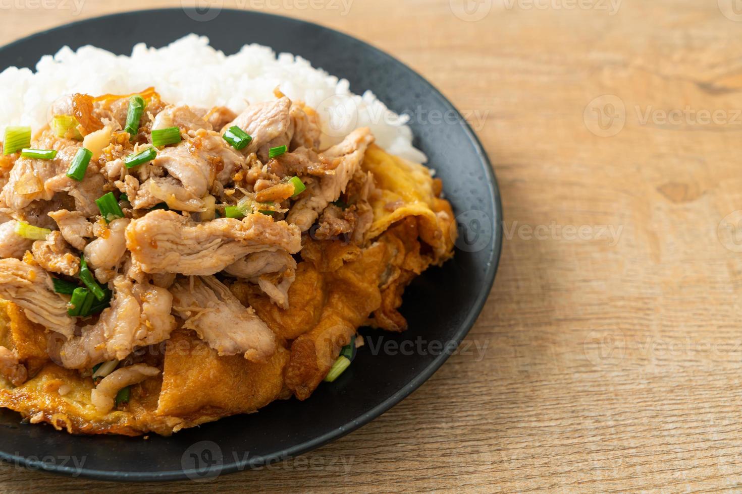 porc sauté à l'ail et œuf garni de riz photo