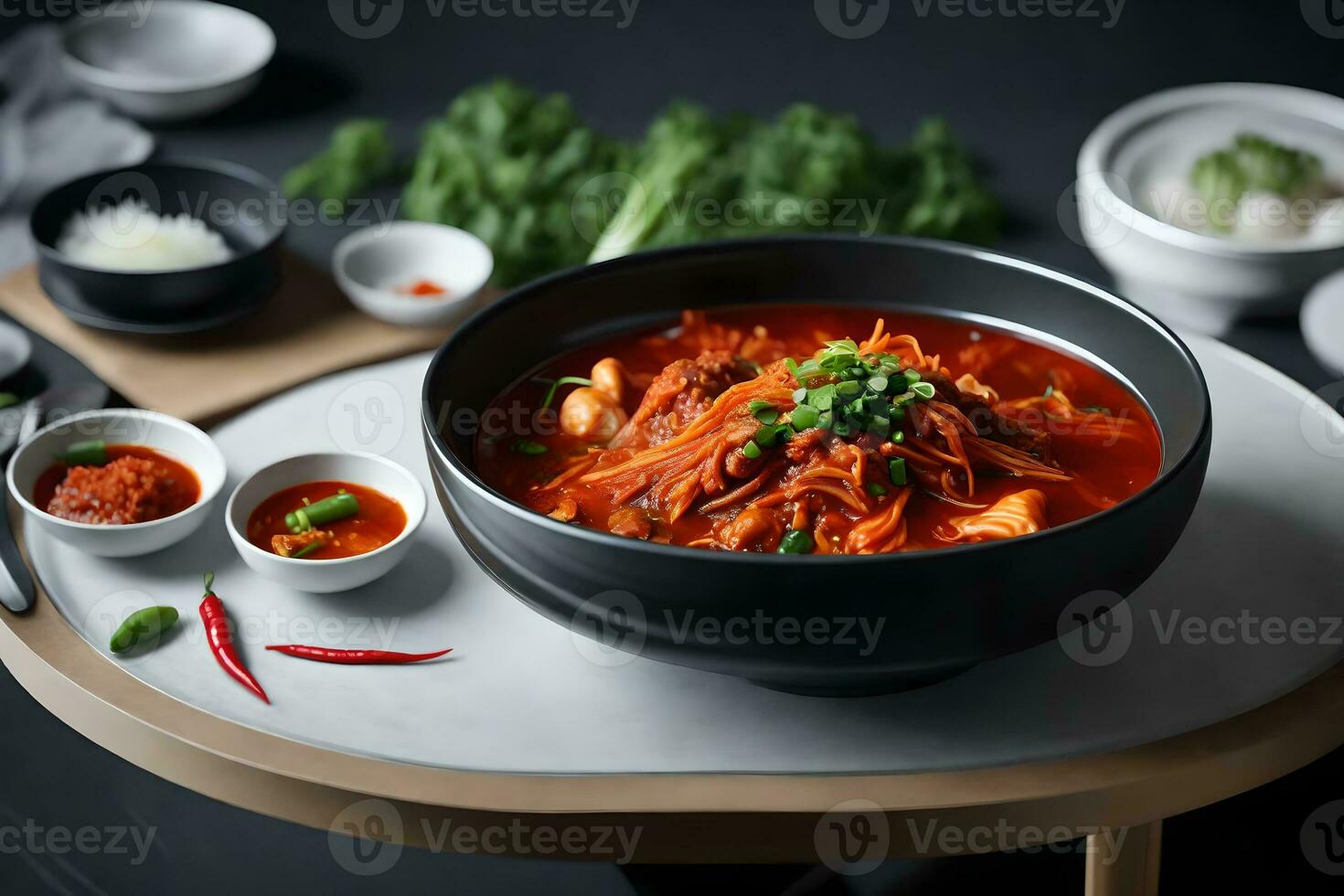 là est une épicé coréen Kimchi soupe dans une bol sur une fantaisie céramique à manger table ai généré photo