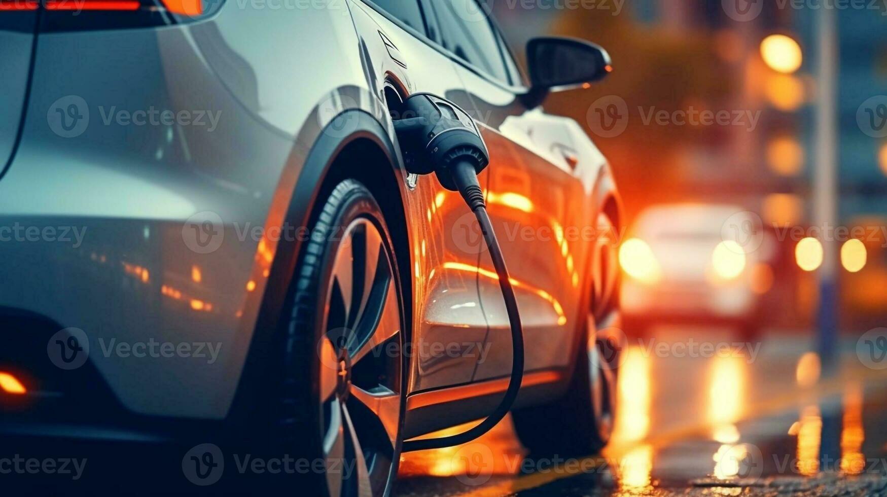 fermer moderne ev voiture recharger batterie de ev mise en charge machine sur noir Couleur arrière-plan, ev voiture sont une populaire Nouveau innovation et zéro émission véhicule, vert énergie pour intelligent vie, génératif ai photo