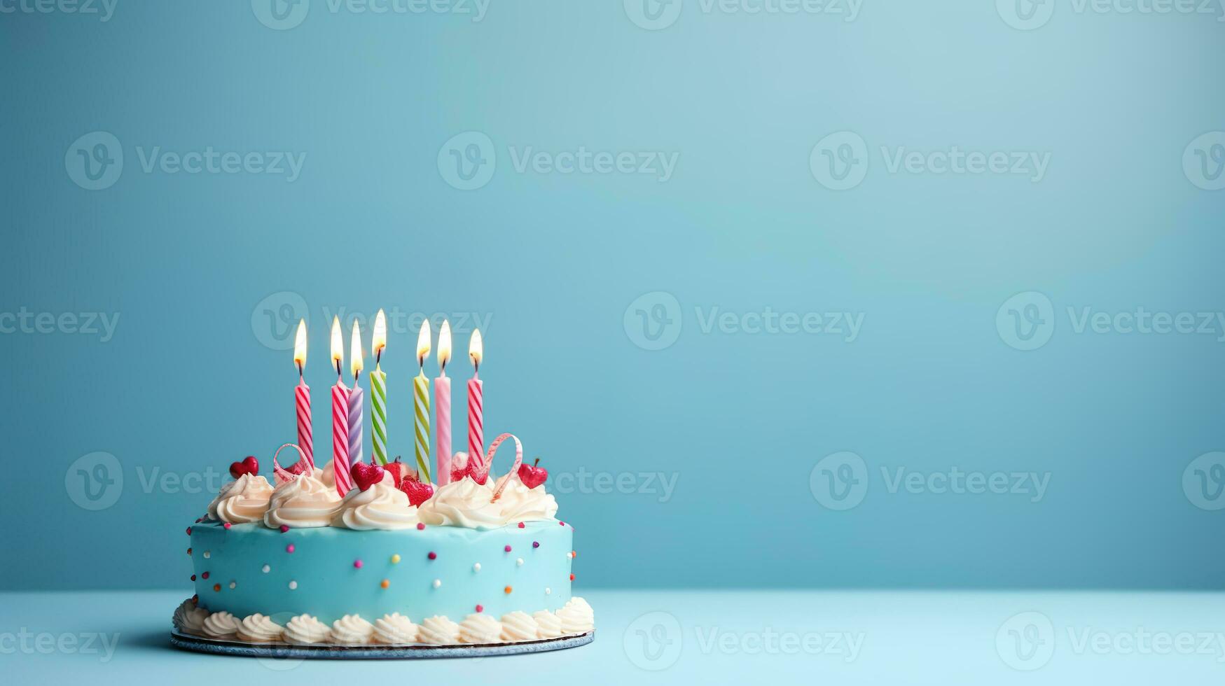 anniversaire gâteau avec Sept bougies sur pastel bleu Contexte. ai généré photo