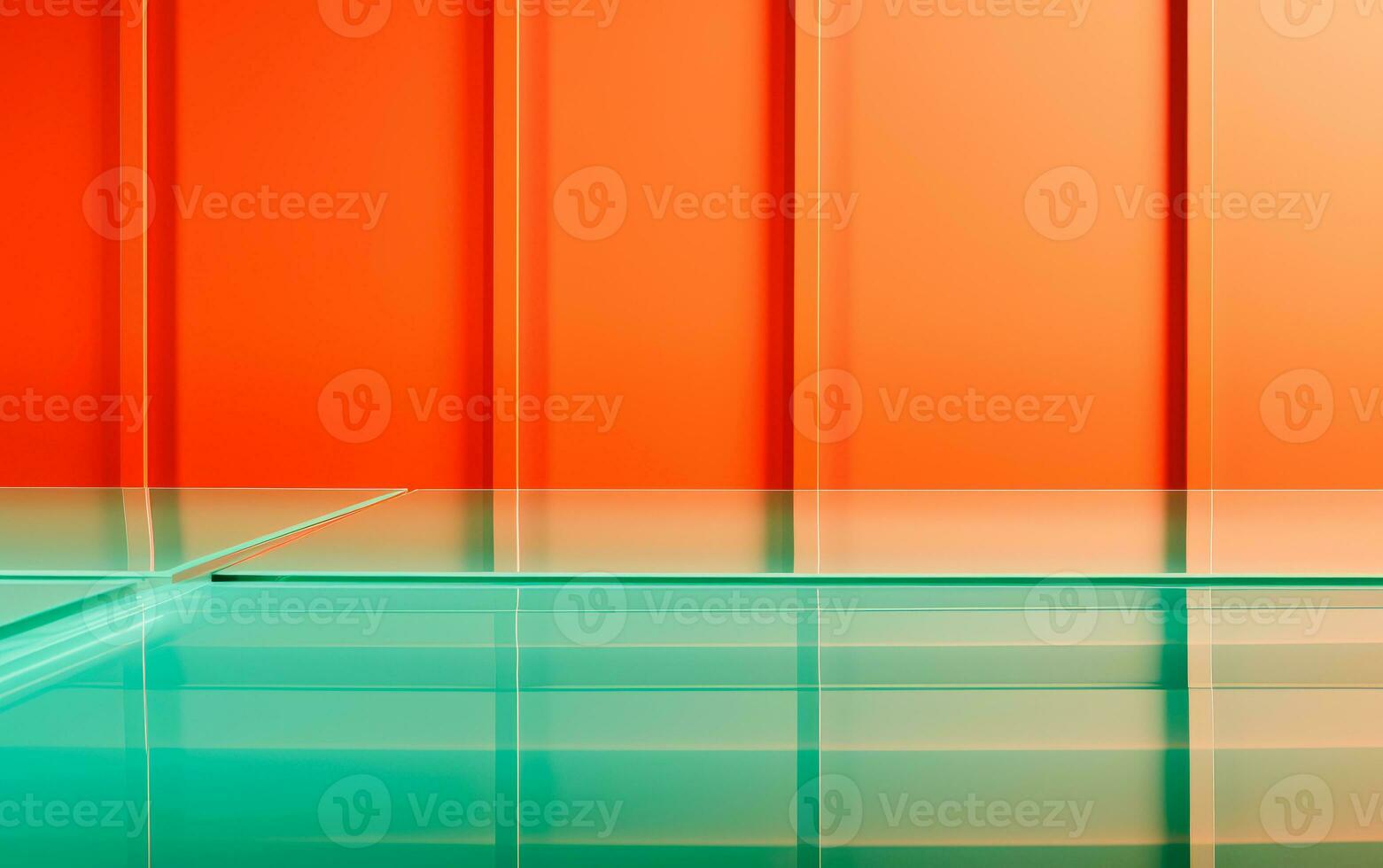 coloré Orange mur avec cristal vert surface sur bas. produit présentation scène. promotion vente ou publicité. ai génératif photo