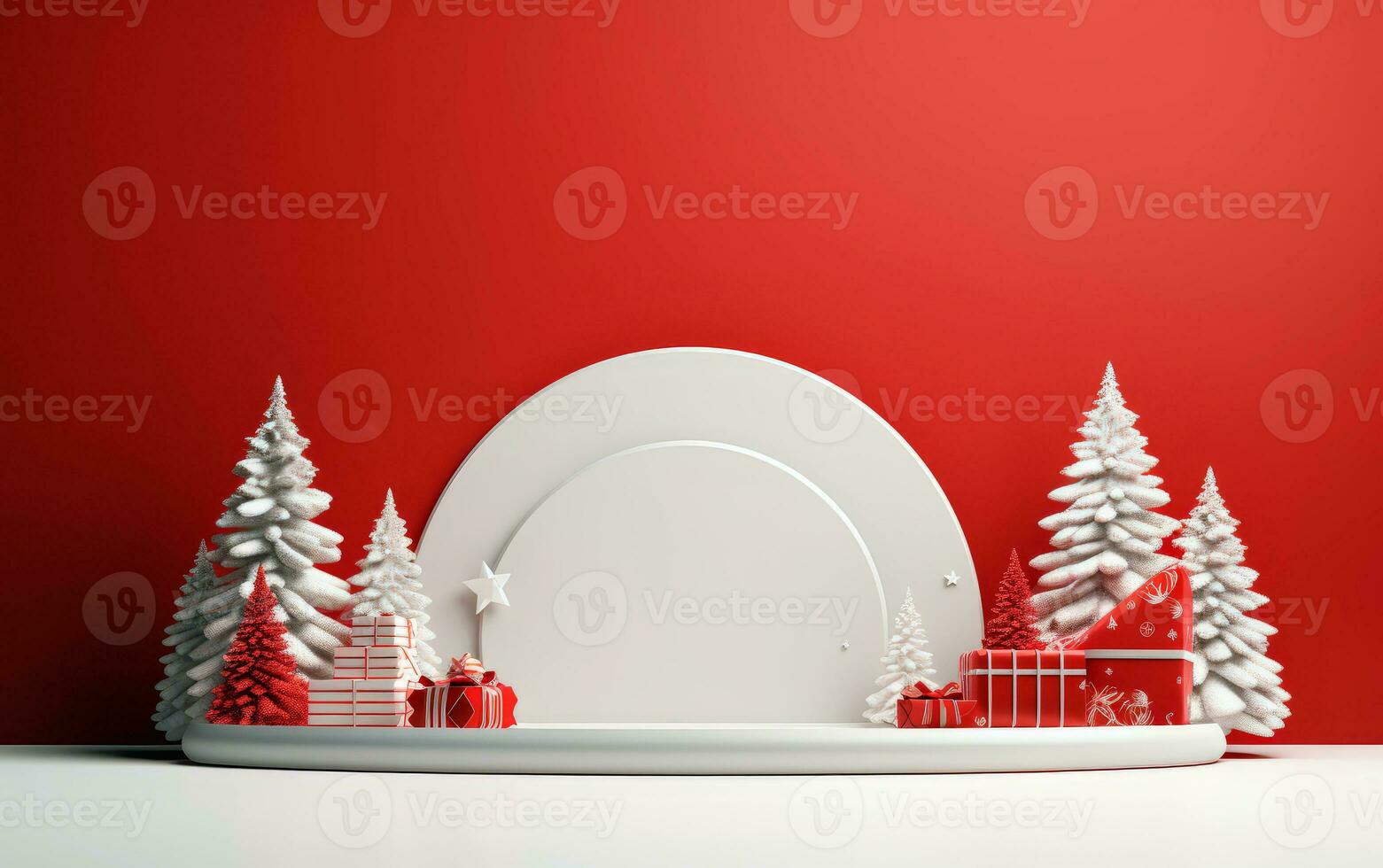 minimal scène avec des balles, neige, cadeaux et pin des arbres pour Noël produit présentation. 3d rendre pour social médias. étape décoré pour Noël. ai génératif photo