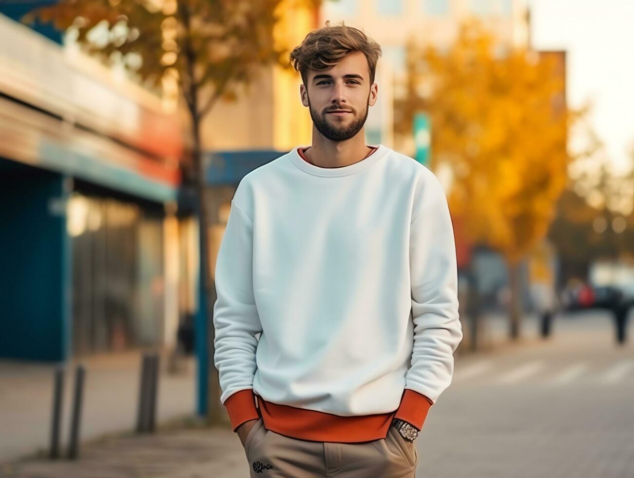 Jeune homme portant Vide vide blanc T-shirt longue manches chandail maquette pour conception modèle, ai généré photo