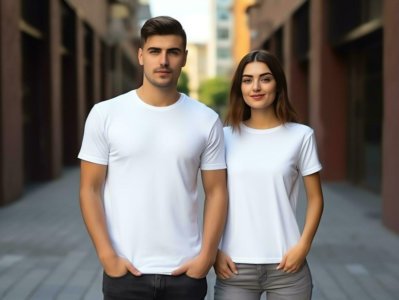 une couple copain et petite amie portant Vide blanc correspondant à t-shirts maquette pour conception modèle, ai généré photo