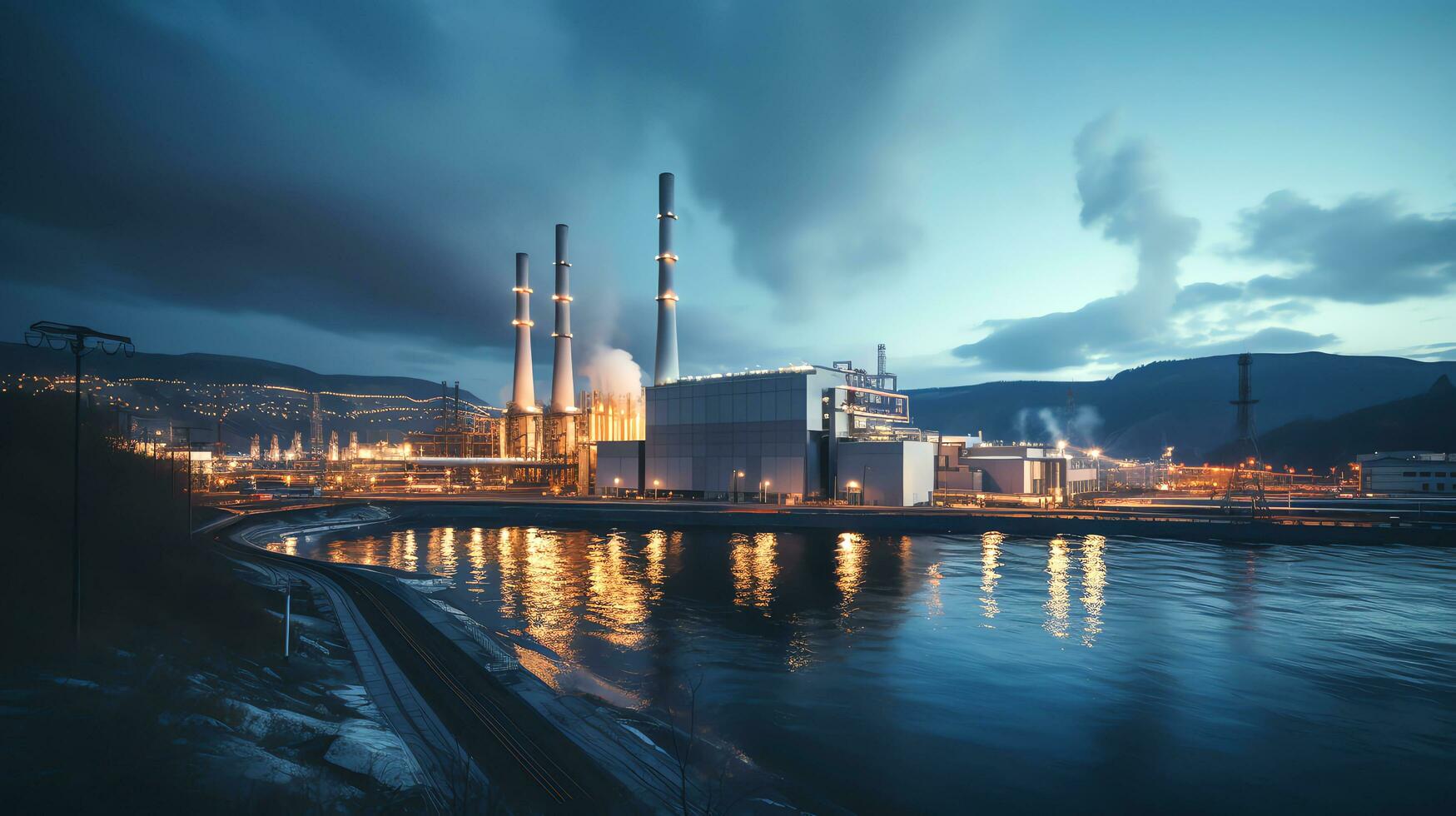 panoramique vue de gaz turbine électrique Puissance plante dans crépuscule ciel arrière-plan, industrie concept, ai généré photo