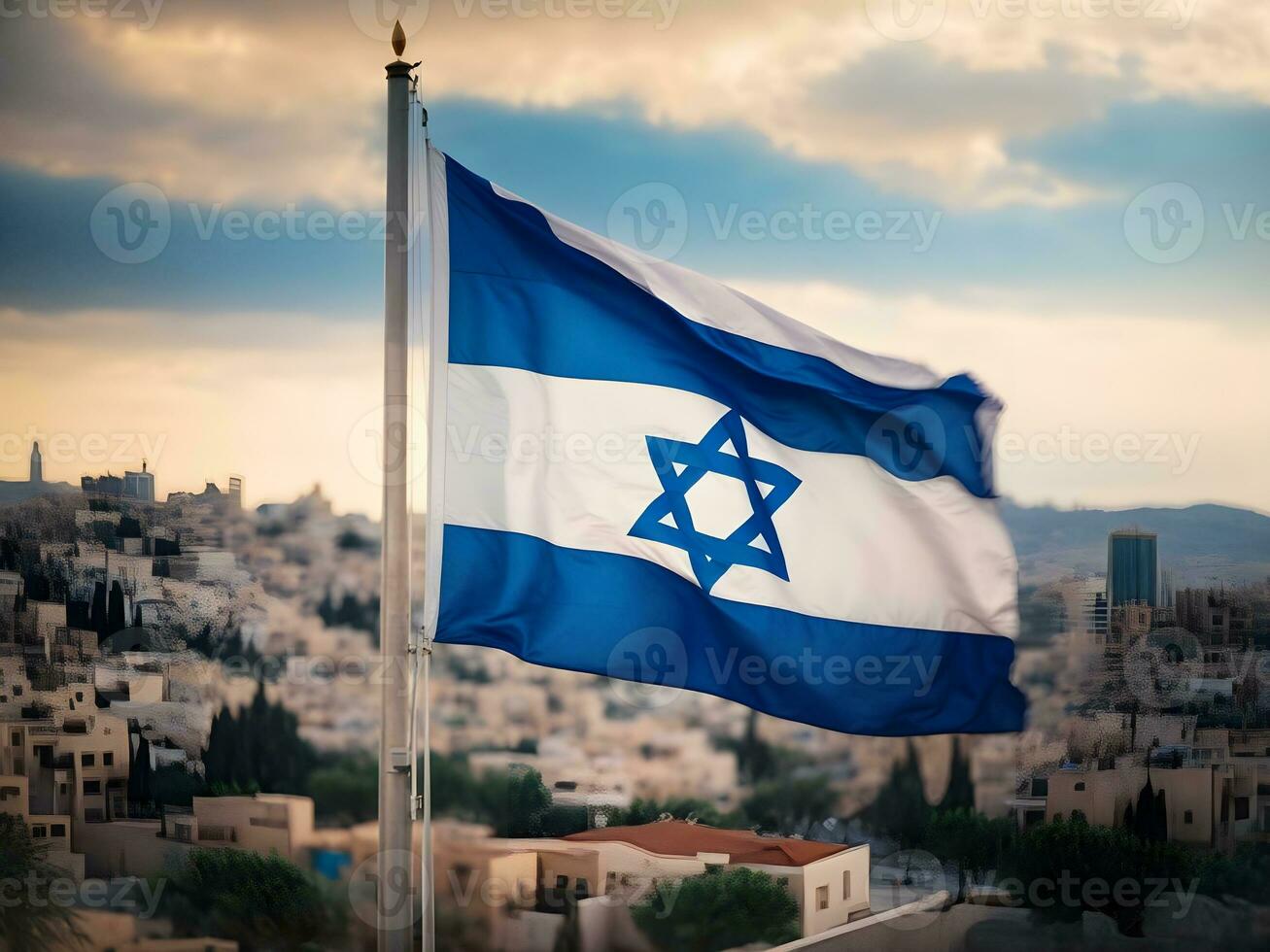 drapeau de Israël agitant dans le vent sur une Contexte de le le coucher du soleil photo