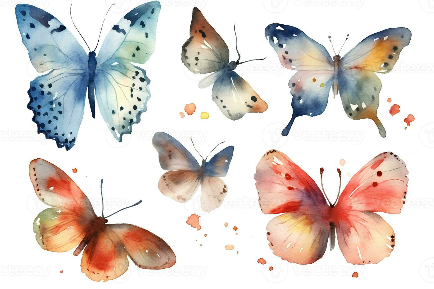 aquarelle papillons, mites avec éclaboussures de peindre sur une blanc Contexte. ai généré illustration. photo