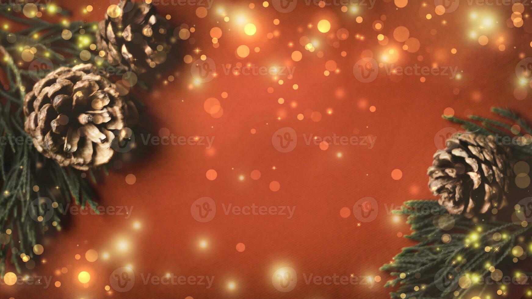 Noël arbre et cadeau boîte des balles. bokeh guirlandes dans le brouiller rouge d'or Contexte. cube bloquer à contenir le objectif de action. développement des idées pour le Nouveau année 2024. Festival de fête heureux. photo