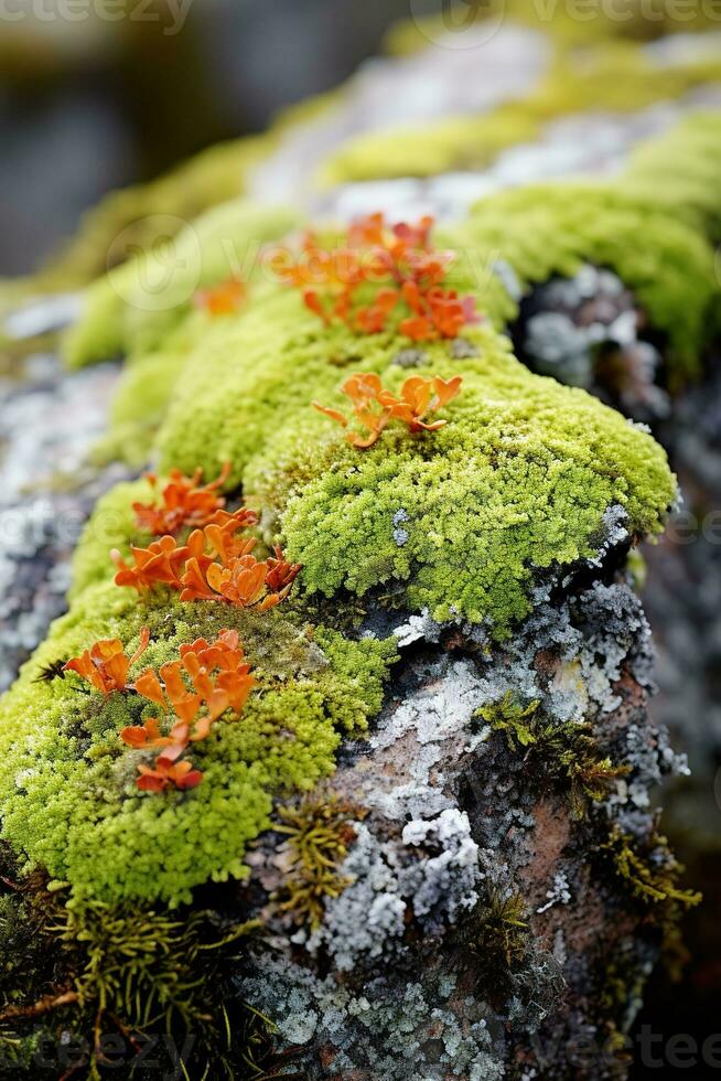 proche en haut de coloré les lichens croissance sur une Roche dans le toundra. divers nuances de vert, jaune, orange, et rouge, et elles ou ils contraste magnifiquement avec le gris rock. photo