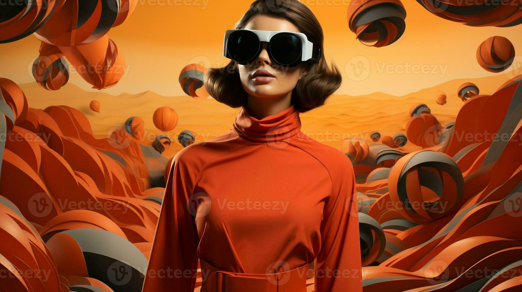 une vibrant et espiègle femme enfile une audacieux Orange robe et élégant blanc des lunettes de soleil, exsudant un Animé et artistique énergie avec sa coloré tenue et unique accessoires, ai génératif photo