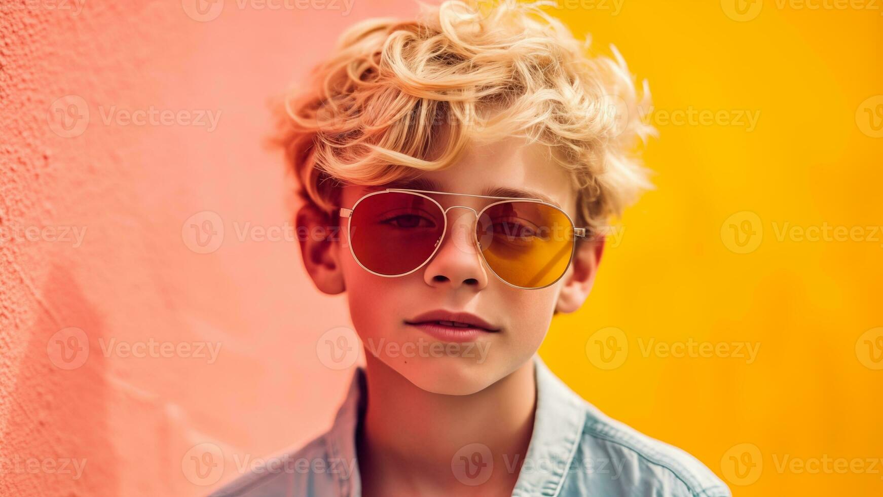 mode portrait de une élégant garçon dans des lunettes de soleil sur une été, ai génératif photo