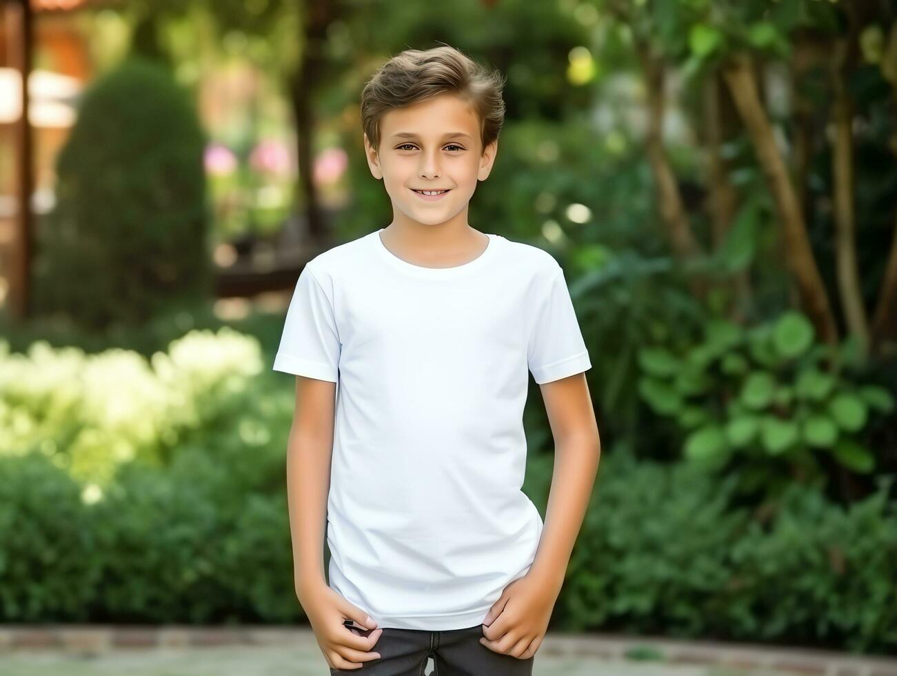 mignonne garçon portant Vide vide blanc T-shirt maquette pour conception modèle, ai généré photo