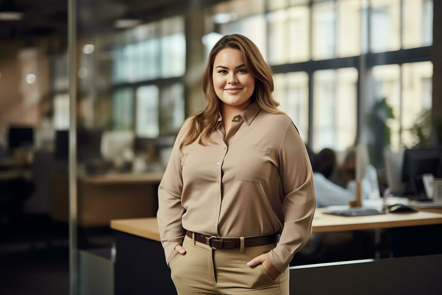 plus Taille directeur femme d'affaires PDG sur de soi et permanent de face de moderne bureau, ai généré photo