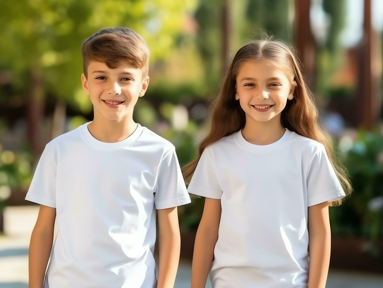 mignonne enfant de mêmes parents ou ami, garçon et fille portant Vide vide blanc T-shirt maquette pour conception modèle, ai généré photo