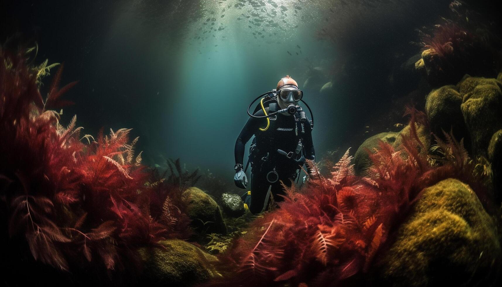 Hommes plongée Profond dans bleu sous-marin aventure généré par ai photo