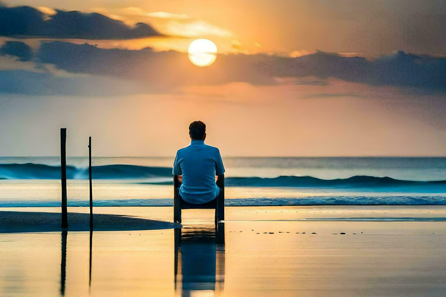 une homme séance sur une chaise sur le plage à le coucher du soleil. généré par ai photo