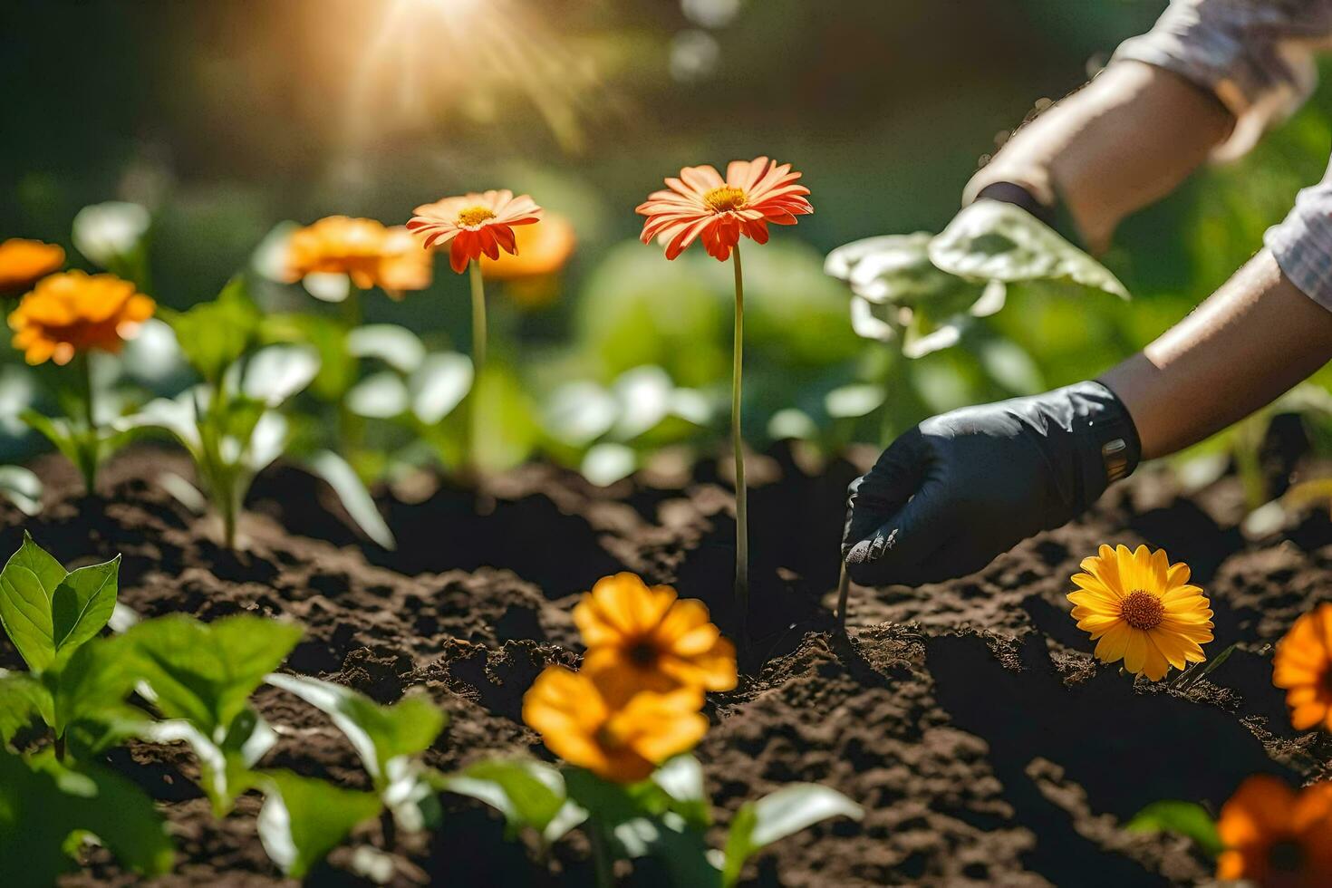 une la personne est plantation fleurs dans le jardin. généré par ai photo