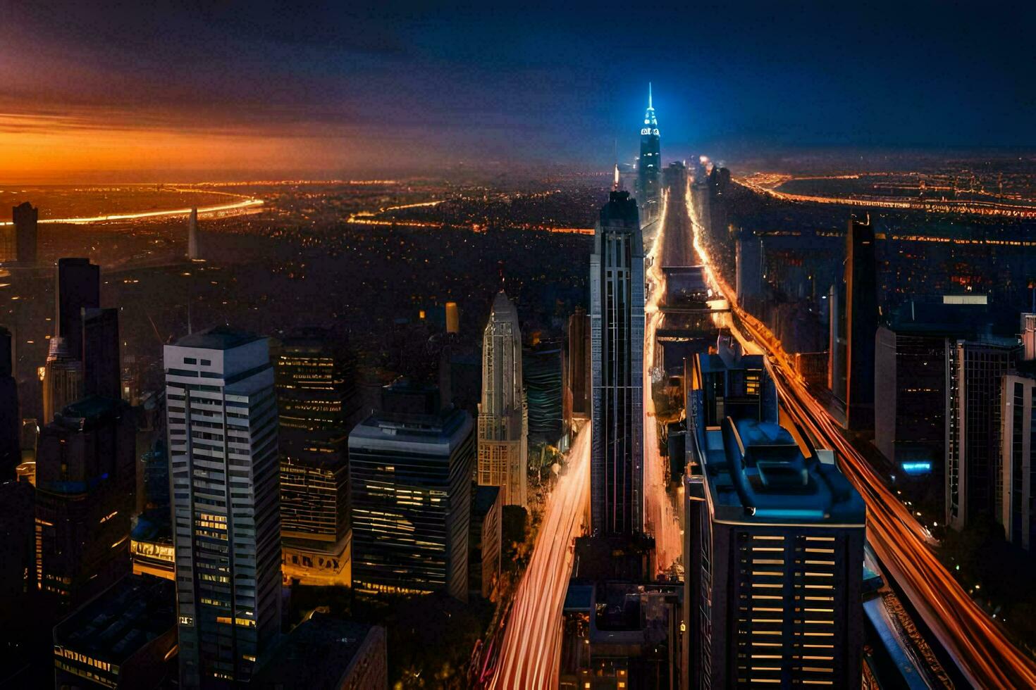 le ville horizon à nuit avec circulation lumières. généré par ai photo