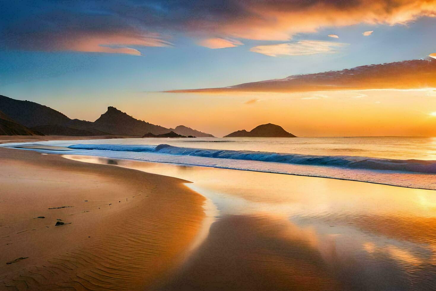 une magnifique le coucher du soleil sur une plage avec vagues. généré par ai photo