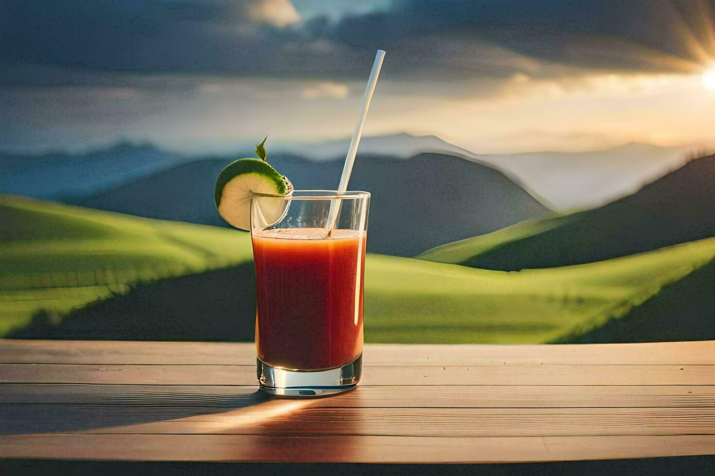 une verre de jus sur une en bois table avec montagnes dans le Contexte. généré par ai photo