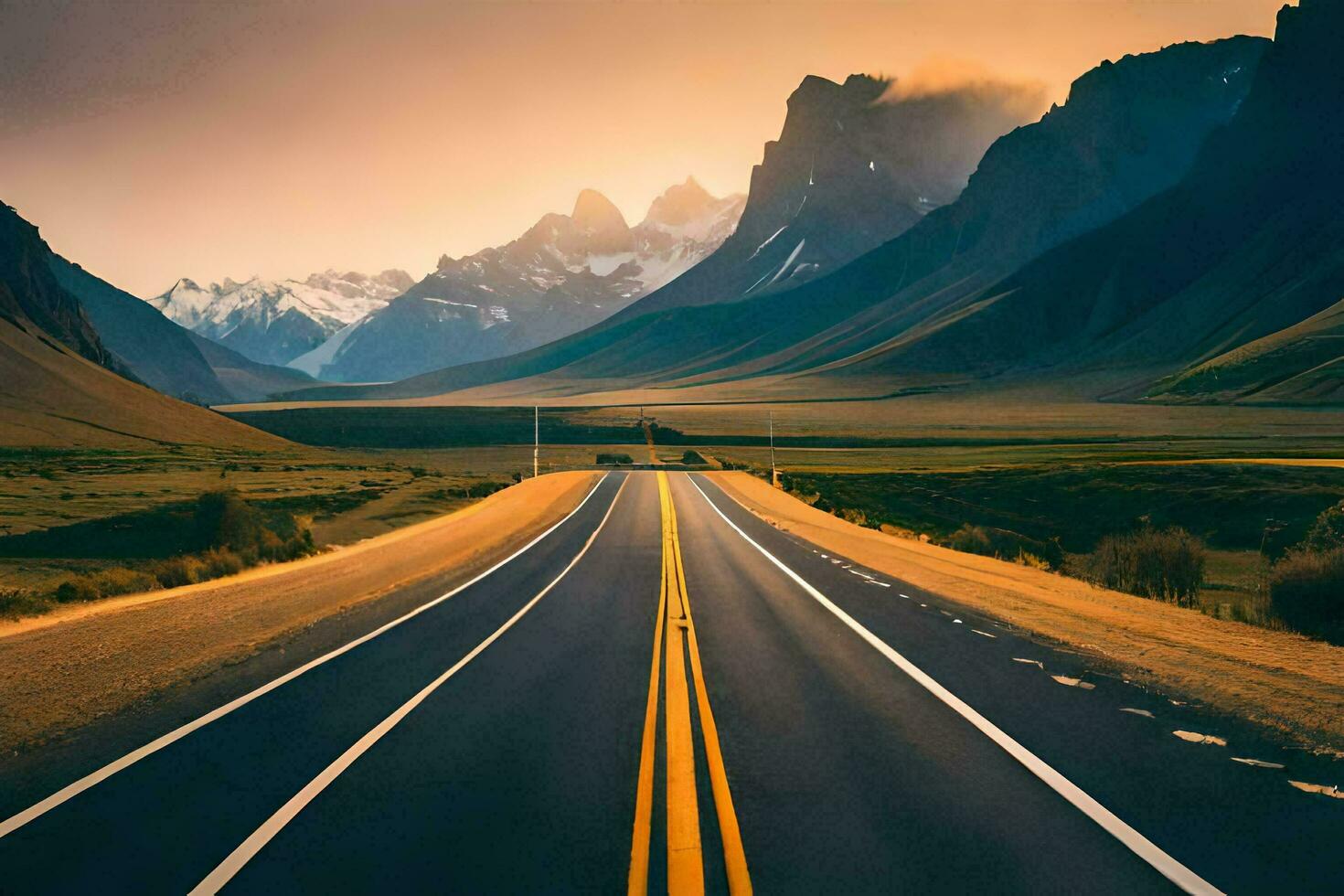 une longue route avec montagnes dans le Contexte. généré par ai photo