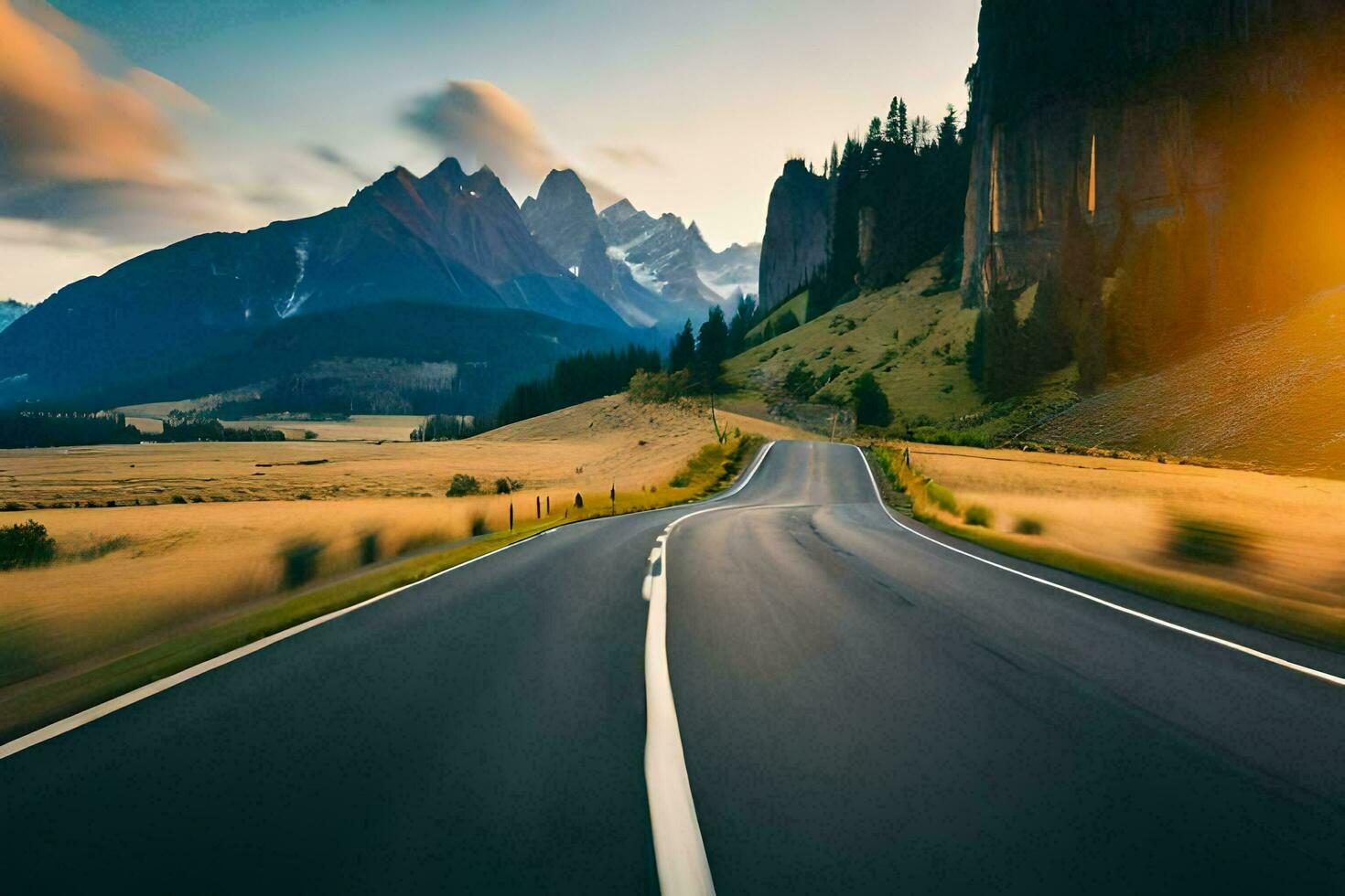 une route dans le montagnes avec une le coucher du soleil. généré par ai photo