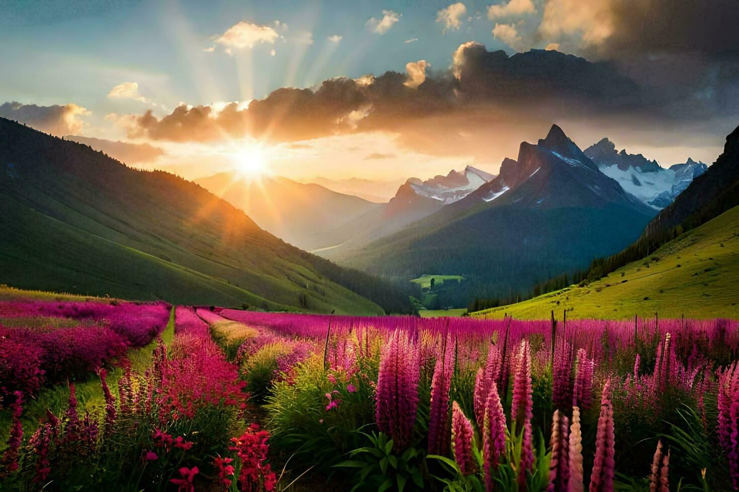 le Soleil monte plus de une champ de violet fleurs dans le montagnes. généré par ai photo