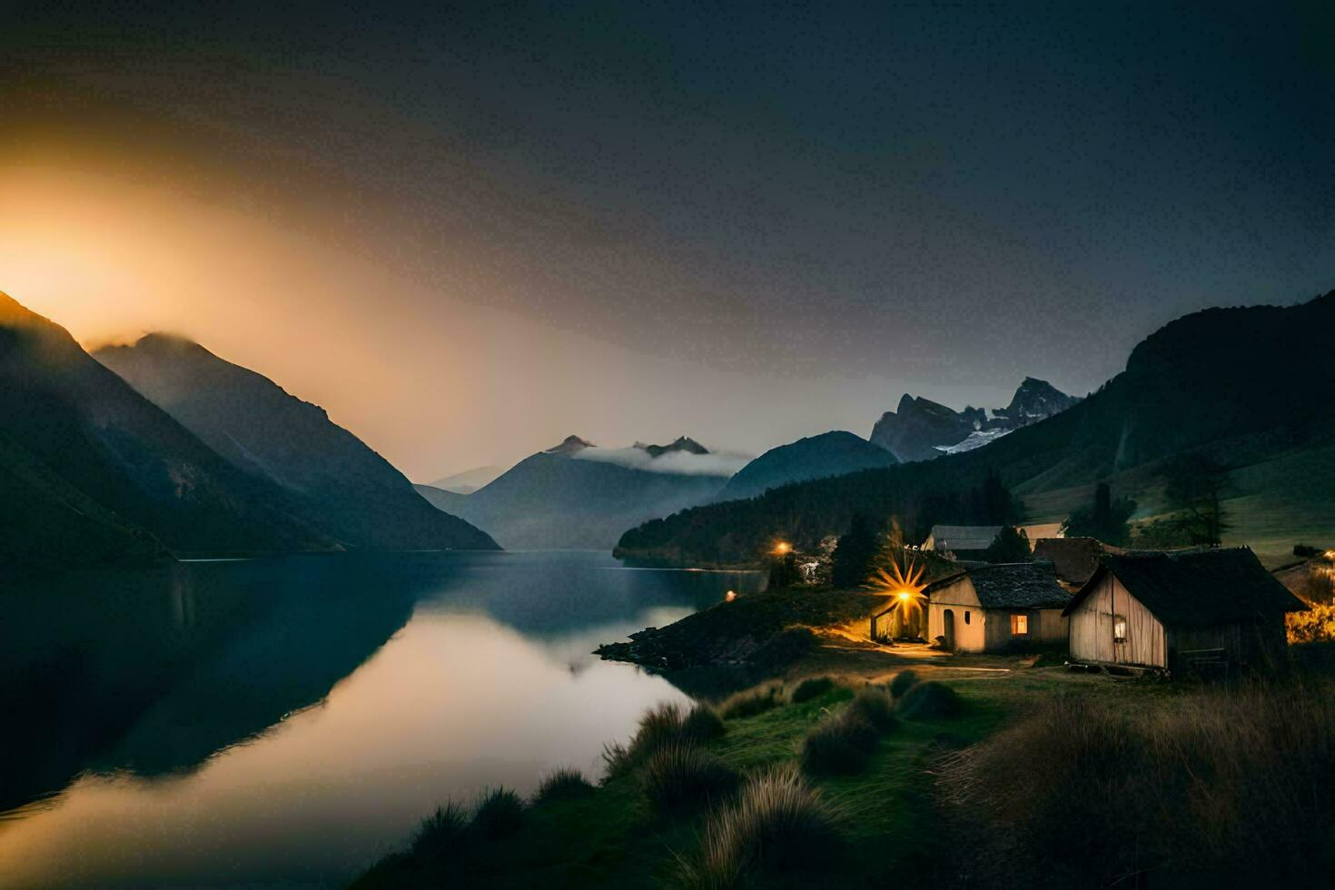 une Lac et Montagne village à le coucher du soleil. généré par ai photo