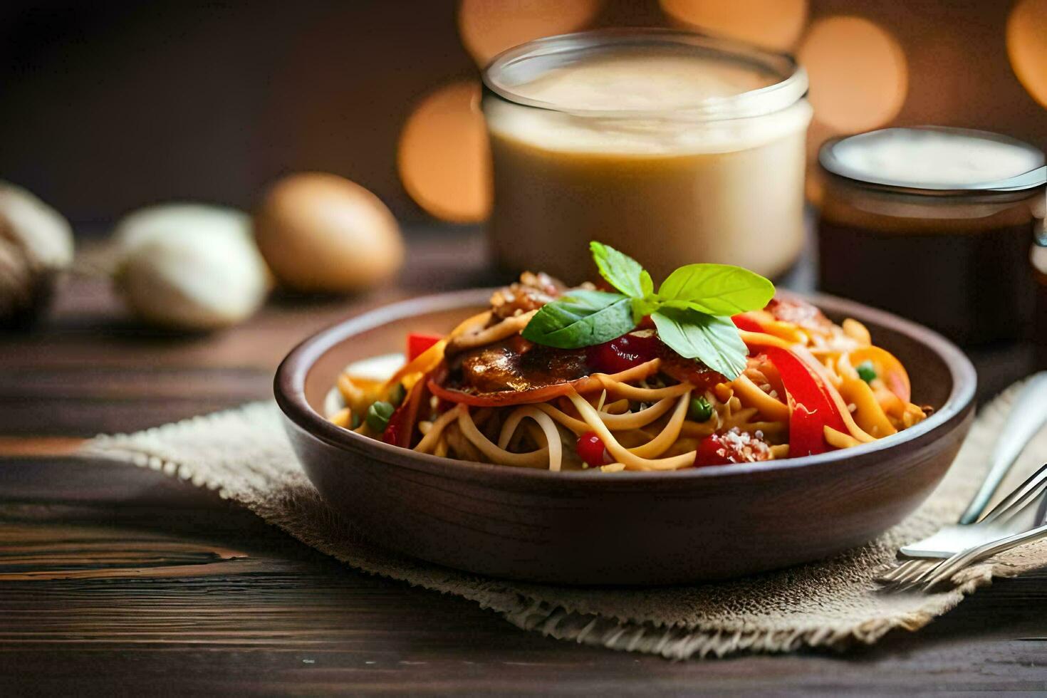 spaghetti avec Viande et des légumes dans une bol. généré par ai photo