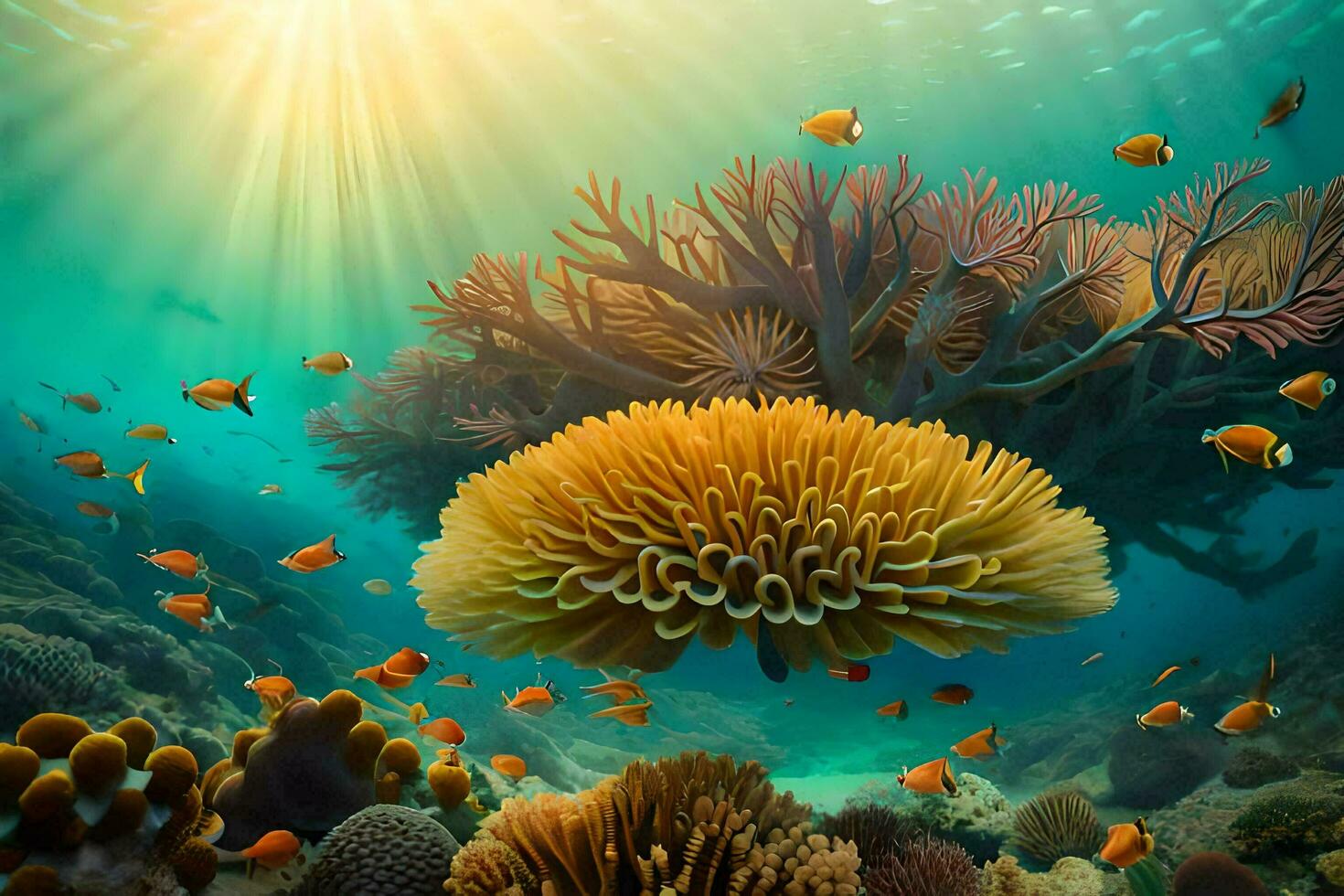 un sous-marin scène avec corail et poisson. généré par ai photo