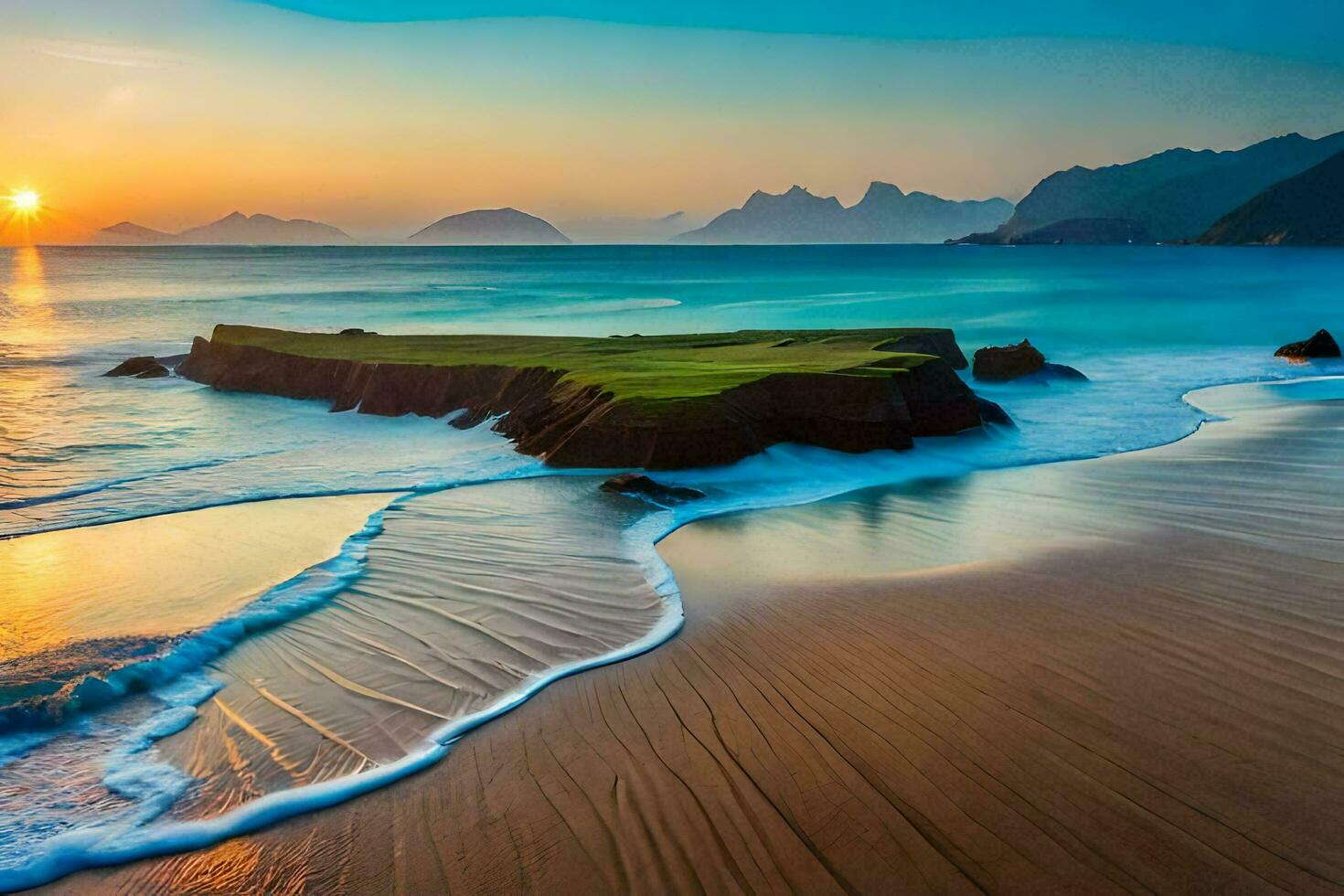 le Soleil ensembles plus de une plage avec vagues et rochers. généré par ai photo
