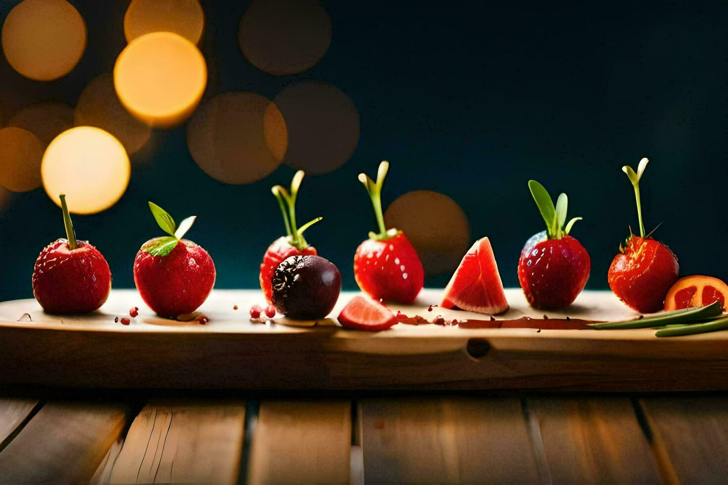 une en bois plateau avec des fraises et Grenade. généré par ai photo