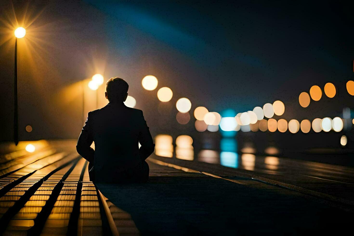 une homme séance sur le sol à nuit avec lumières dans le Contexte. généré par ai photo
