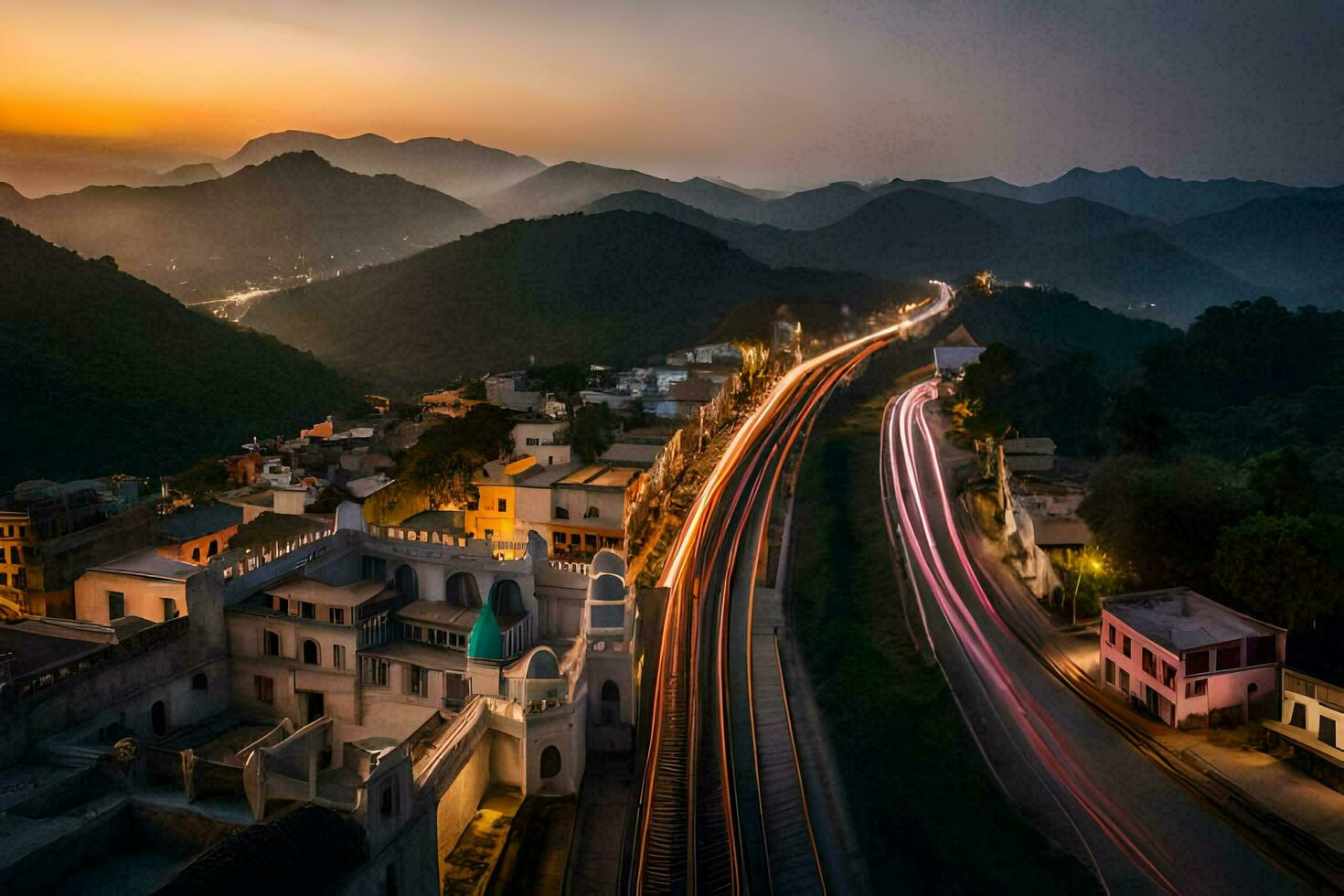 une ville à crépuscule avec une longue exposition. généré par ai photo