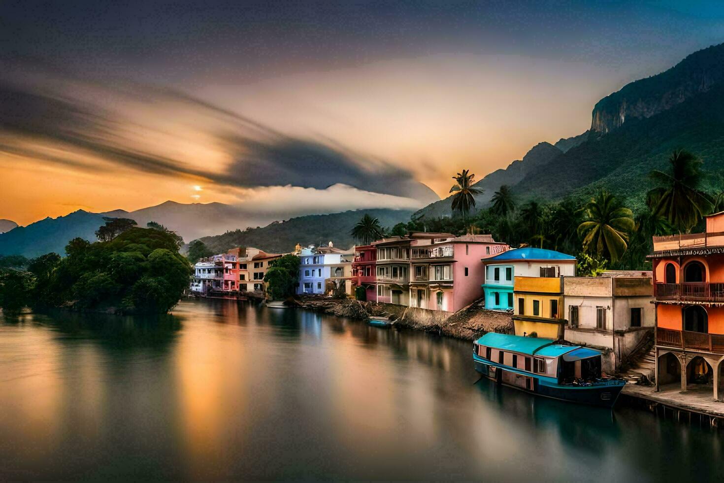 une rivière dans Inde avec coloré Maisons et montagnes. généré par ai photo