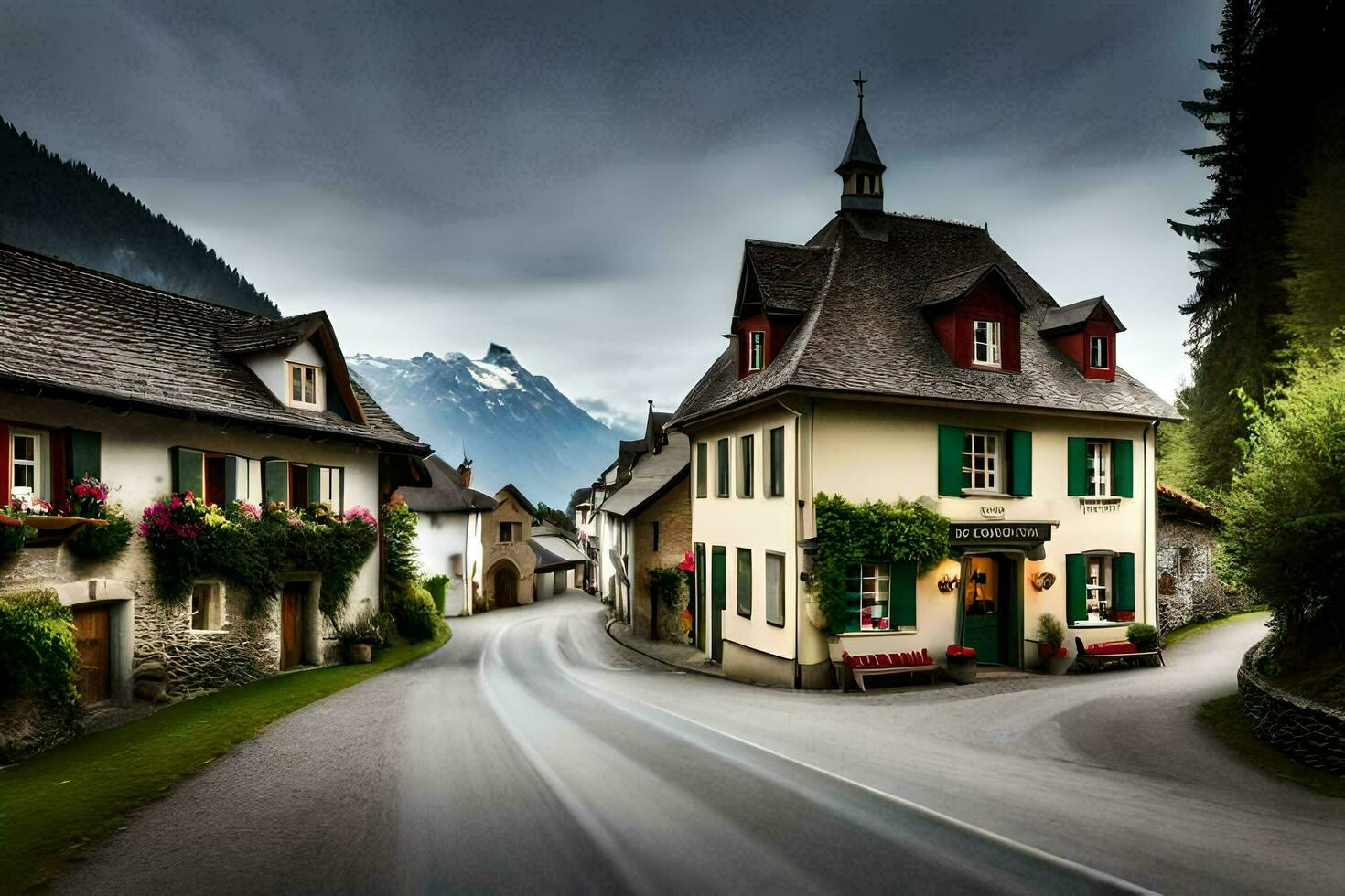 une rue dans le montagnes avec une maison et des arbres. généré par ai photo