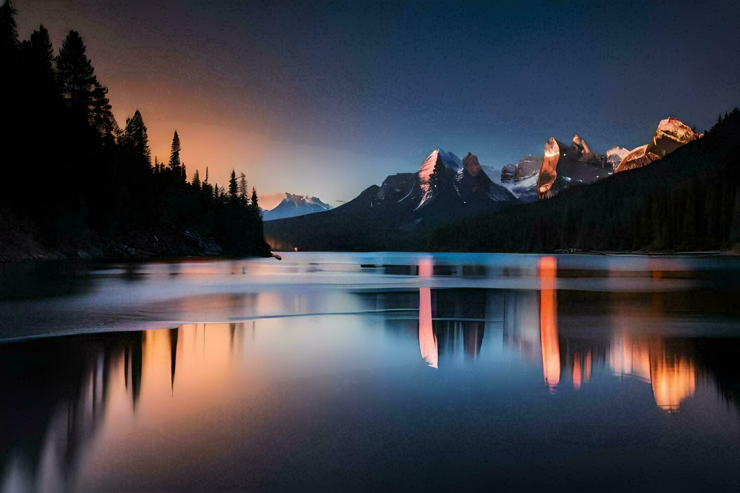 le montagnes sont réfléchi dans le l'eau à le coucher du soleil. généré par ai photo