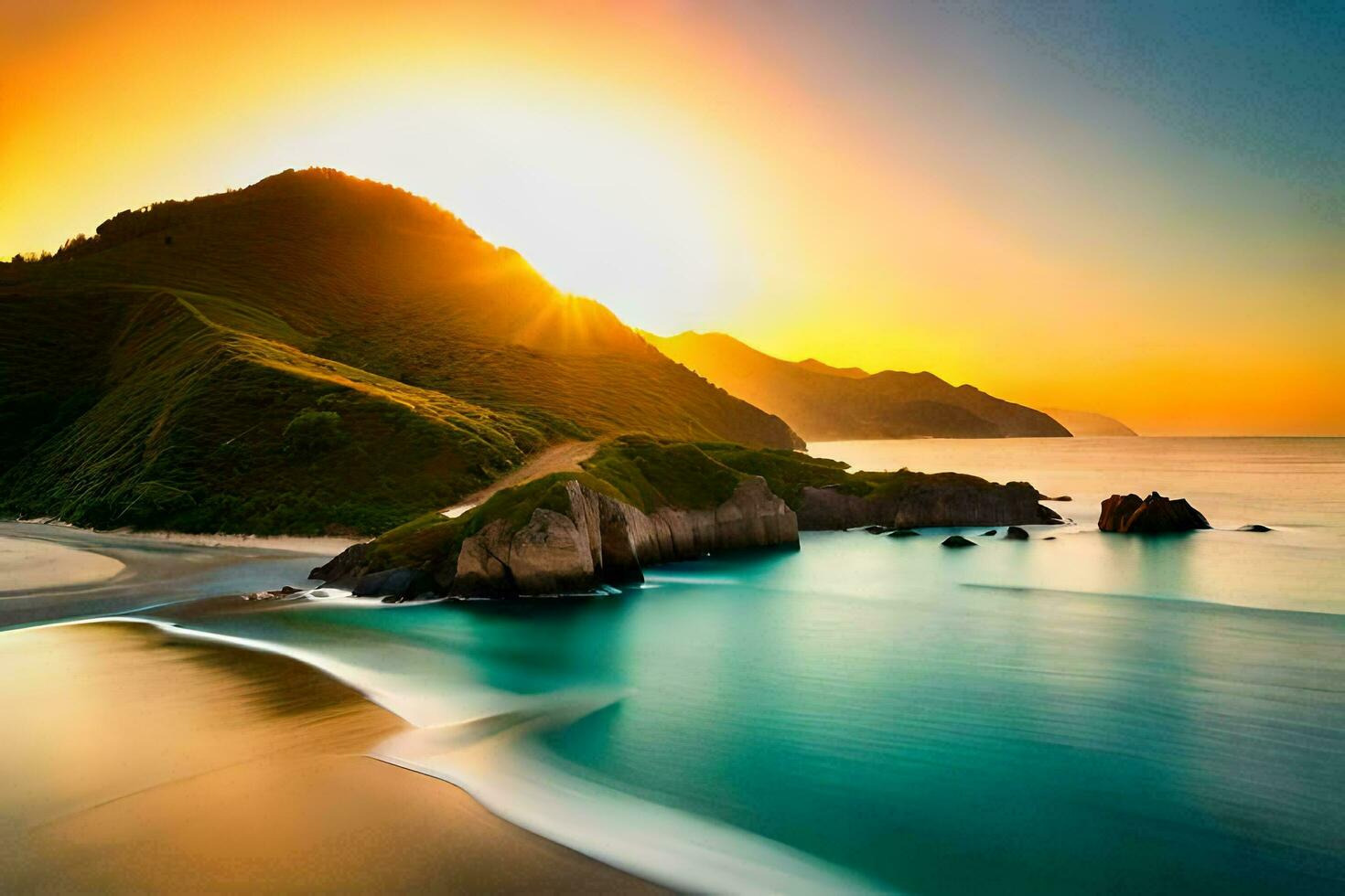 le Soleil ensembles plus de une plage et montagnes. généré par ai photo