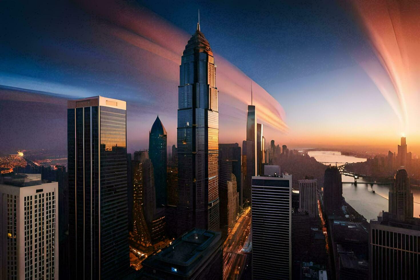 le ville horizon à le coucher du soleil dans shanghaï. généré par ai photo