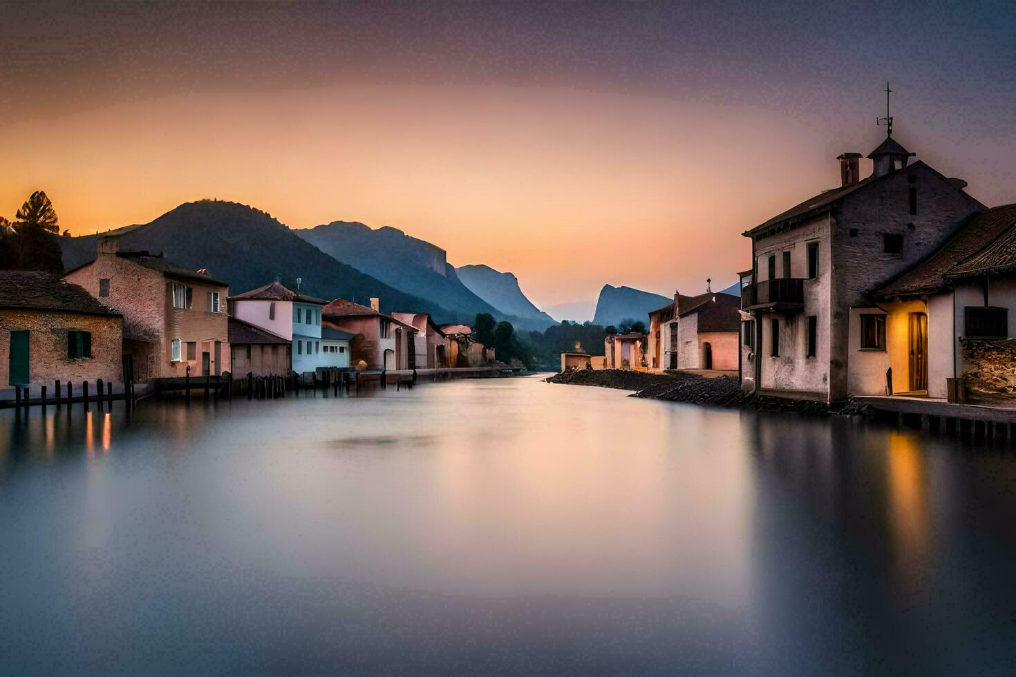 une rivière court par une ville à le coucher du soleil. généré par ai photo