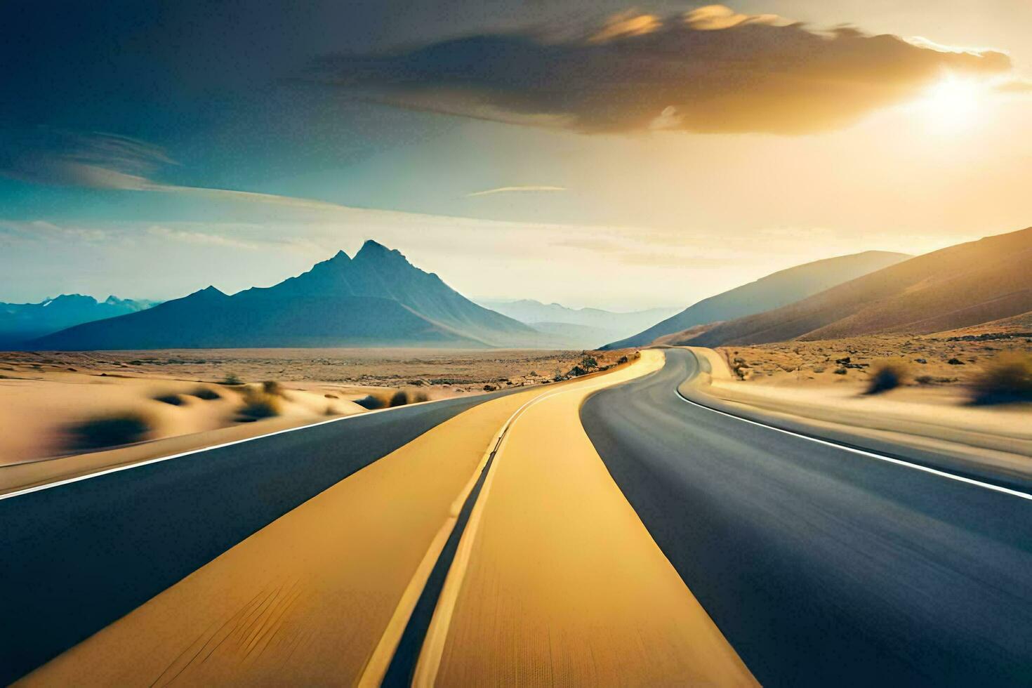 une longue route dans le désert avec montagnes dans le Contexte. généré par ai photo