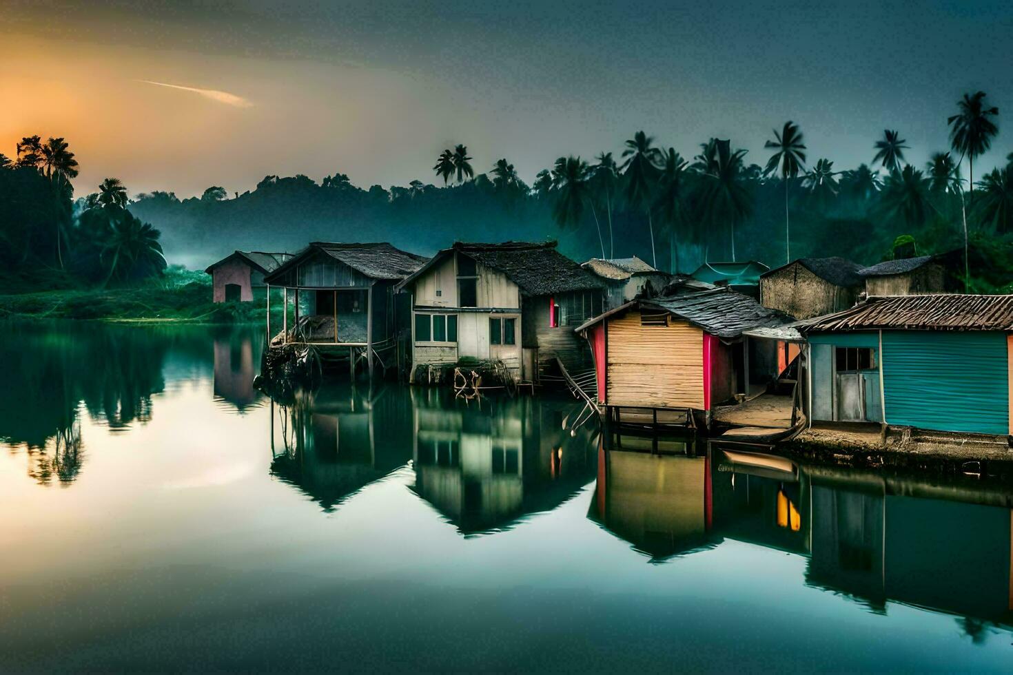 Maisons sur le l'eau à lever du soleil dans Thaïlande. généré par ai photo